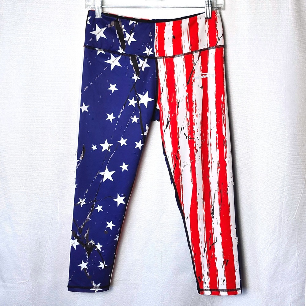 COOLOMG MID‎ RISE ATHLETIC CAPRI LEGGINGS WOMENS MEDIUM STARS AND STRIPES